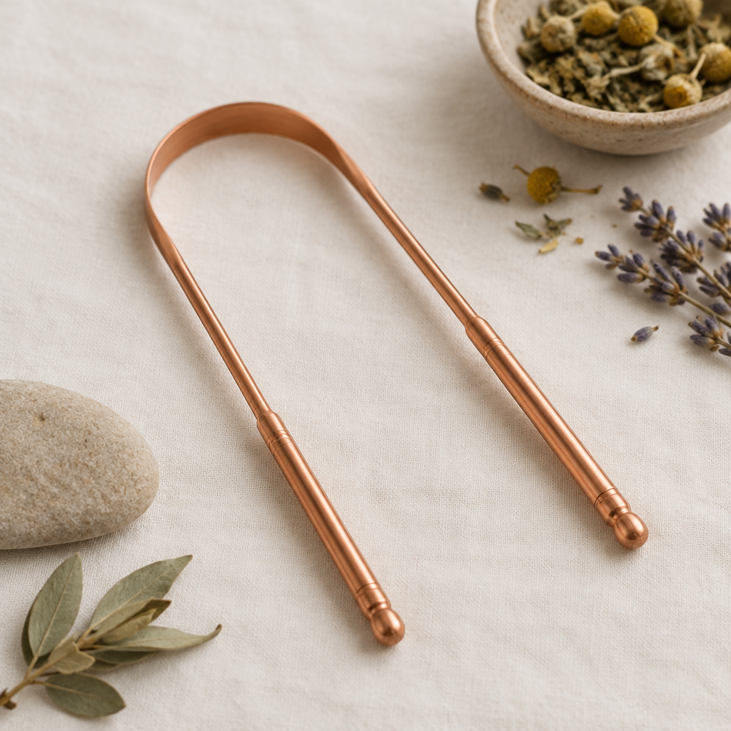 Copper tongue scraper on natural surface