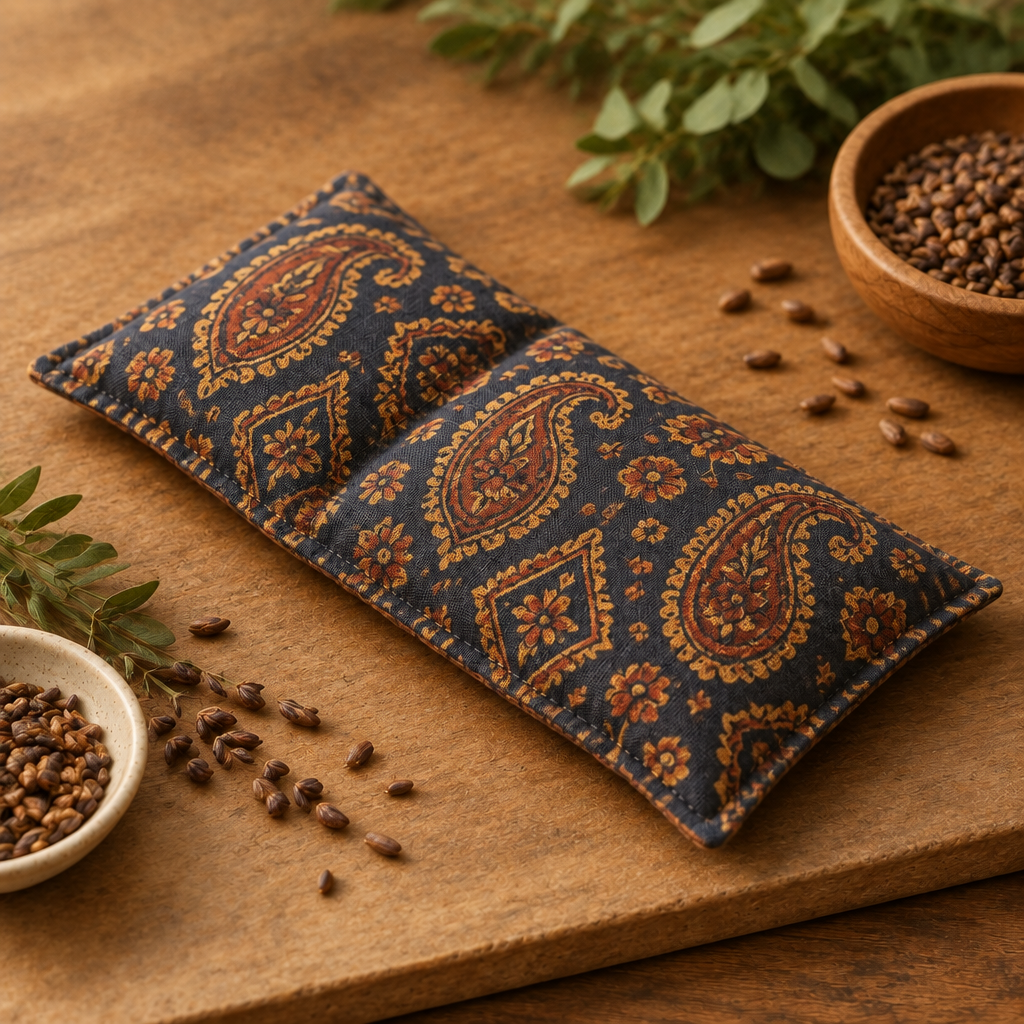 Dark patterned heat pad filled with date seeds from Madina