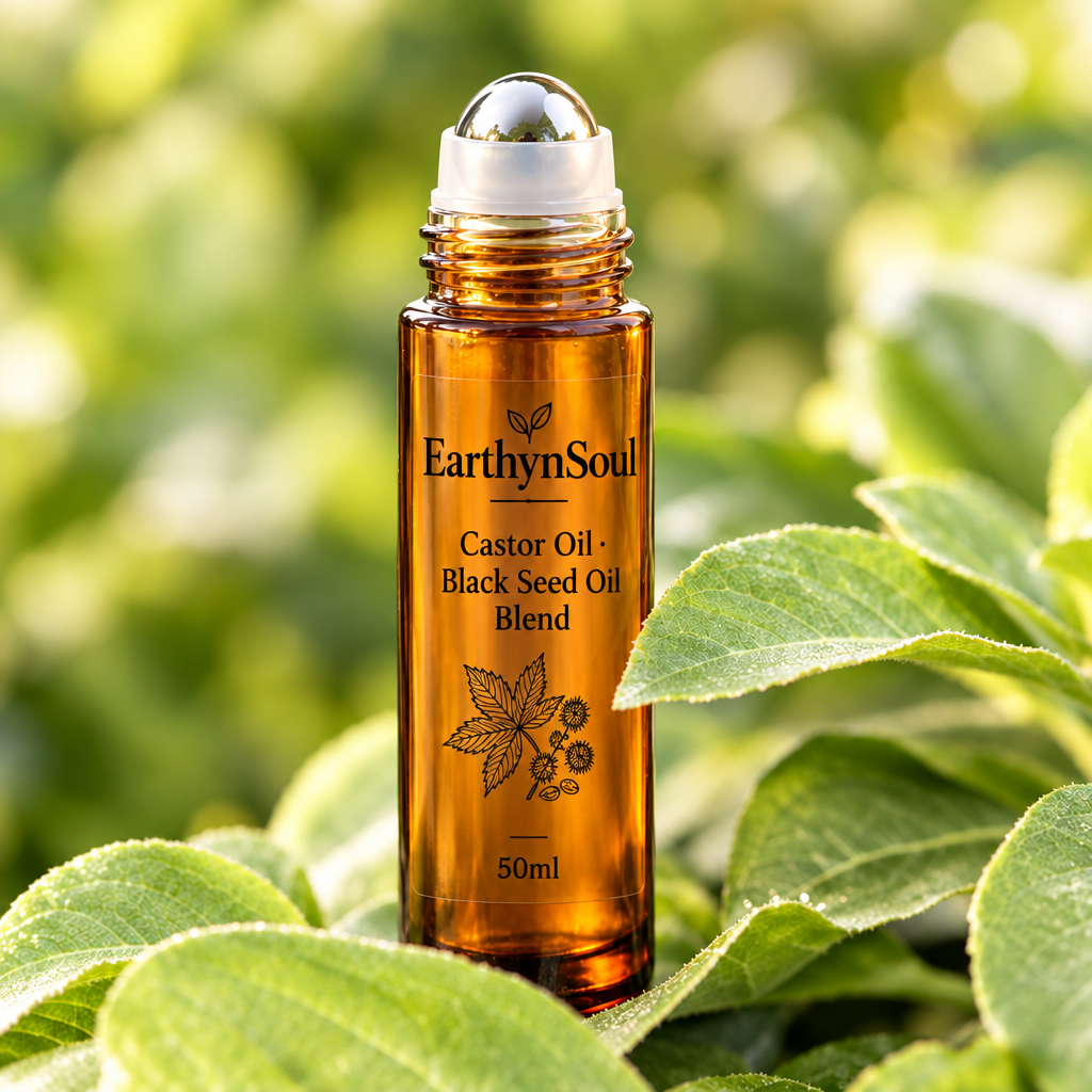 50ml amber glass roller bottle with EarthynSoul label nestled in green botanical leaves