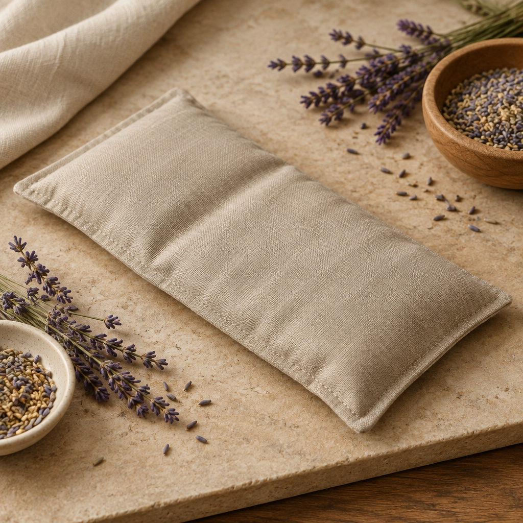 Natural linen heat pad with dried herbs on wooden surface